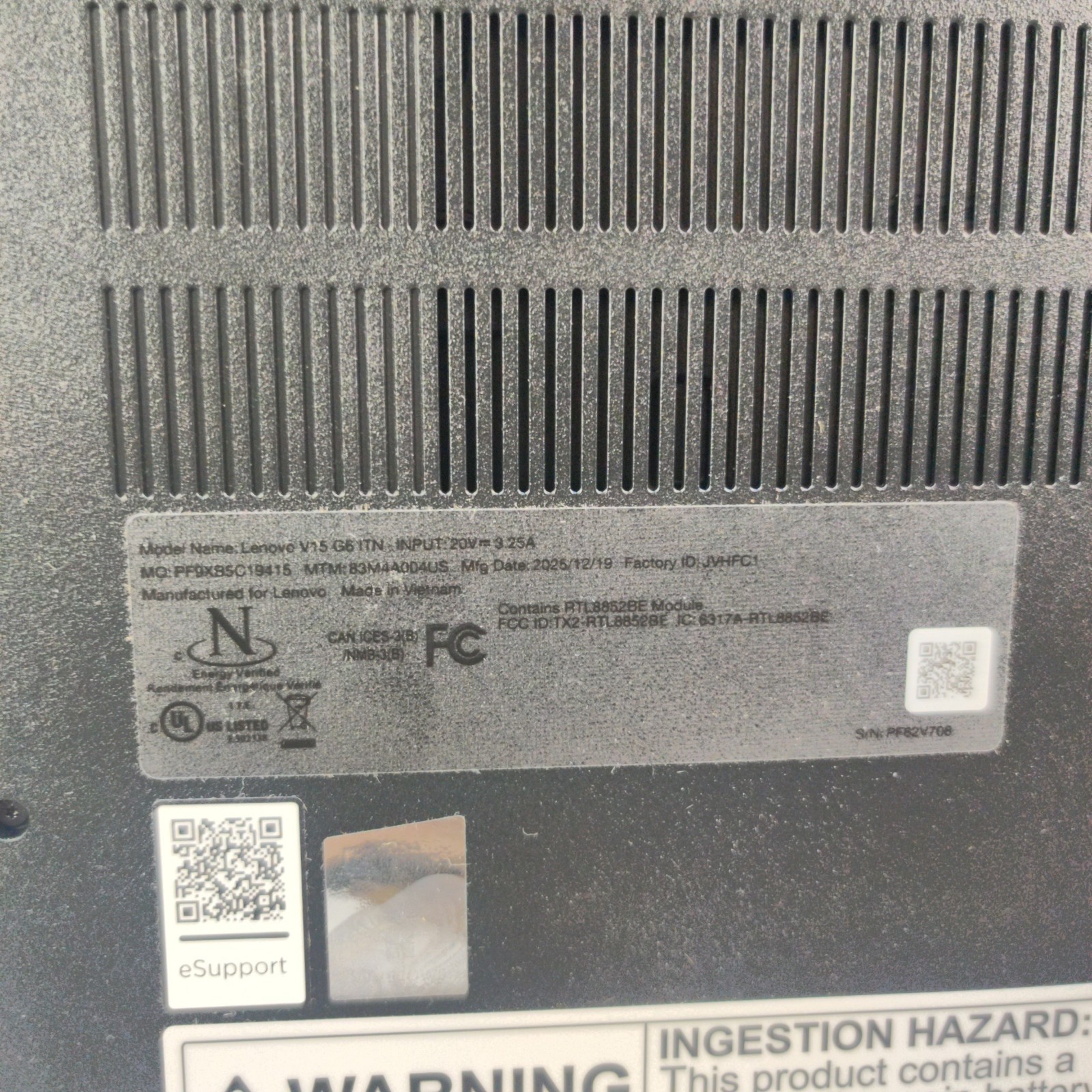 Lenovo V15 G6 ITN, 15″ FHD, N100, 8GB RAM NO SSD/OS/AC ADAPTER – USED