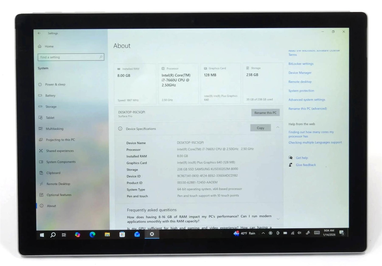 Microsoft Surface Pro 5 1796 Core i7-7660U 2.50GHz 8GB 256GB