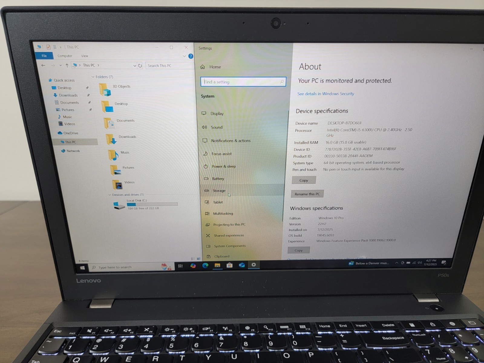 CLEAN Lenovo ThinkPad P50s, i5-6300U, 2.50GHz 16GB 240 SSD Quadro M500M Win 10