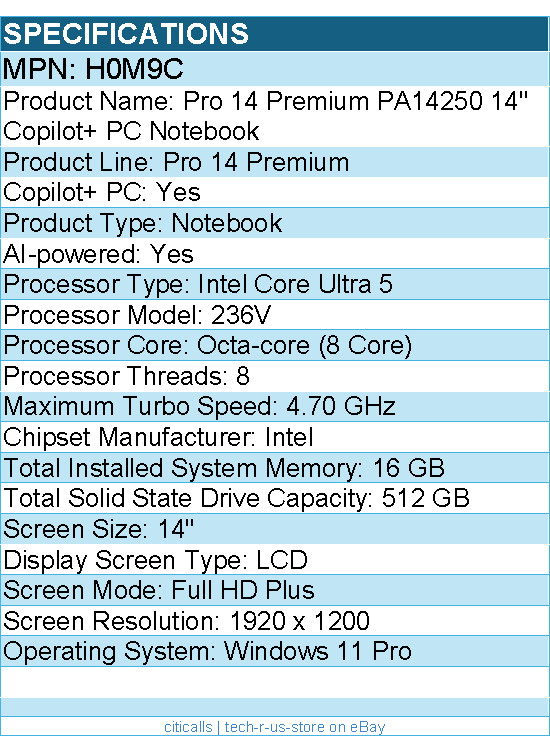 Dell H0M9C Pro 14 Premium PA14250 14″ Copilot+ PC Notebook – Intel Core Ultra 5