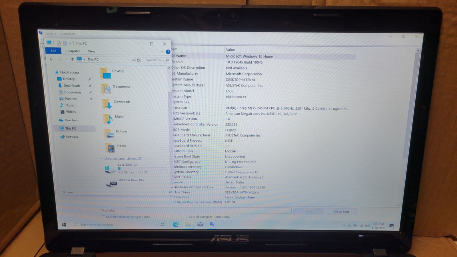 Asus K53E Laptop | Intel Core i5-2450M 2.5GHz | 4GB Ram | 500GB HDD | Win 10