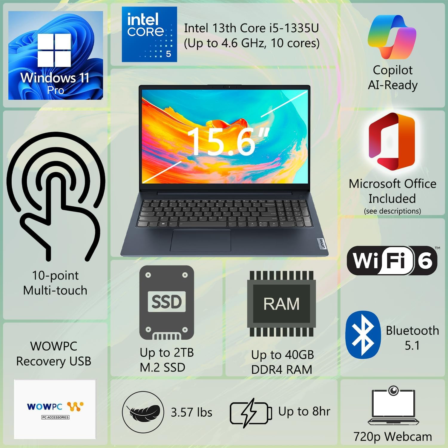 Ideapad Business Laptop, 15.6″ FHD Touchscreen Display, Intel 13Th 10-Core I5 CP