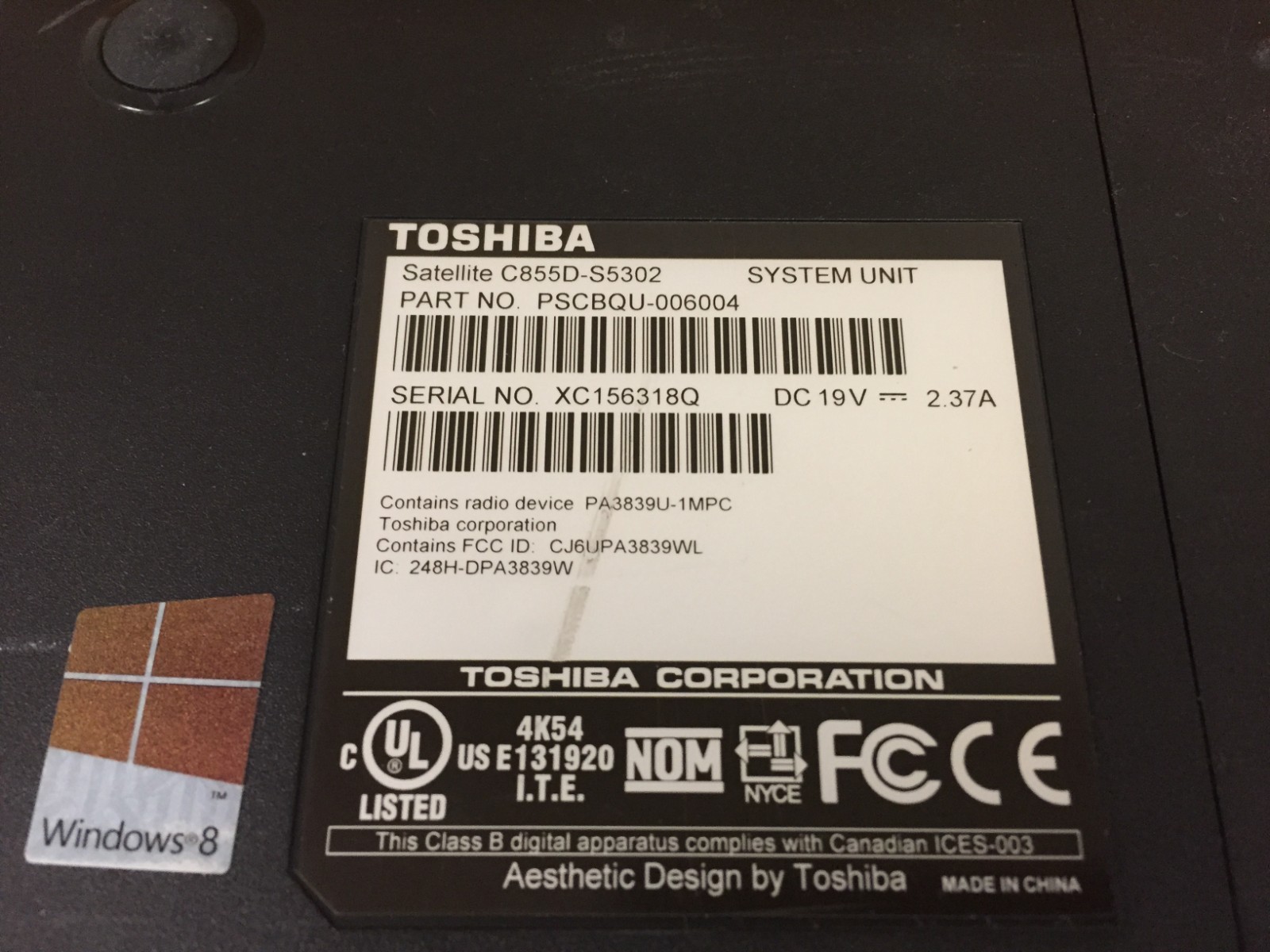 Toshiba Satellite C855D-S5302 15.6″ Laptop AMD E-300 8GB RAM NO HDD/AC – Tested