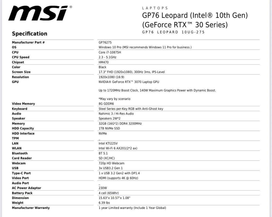 Gaming Laptop MSI GP76 Leopard – i7, RTX 3070, 32GB, 1TB SSD, 300HZ, Win11Pro