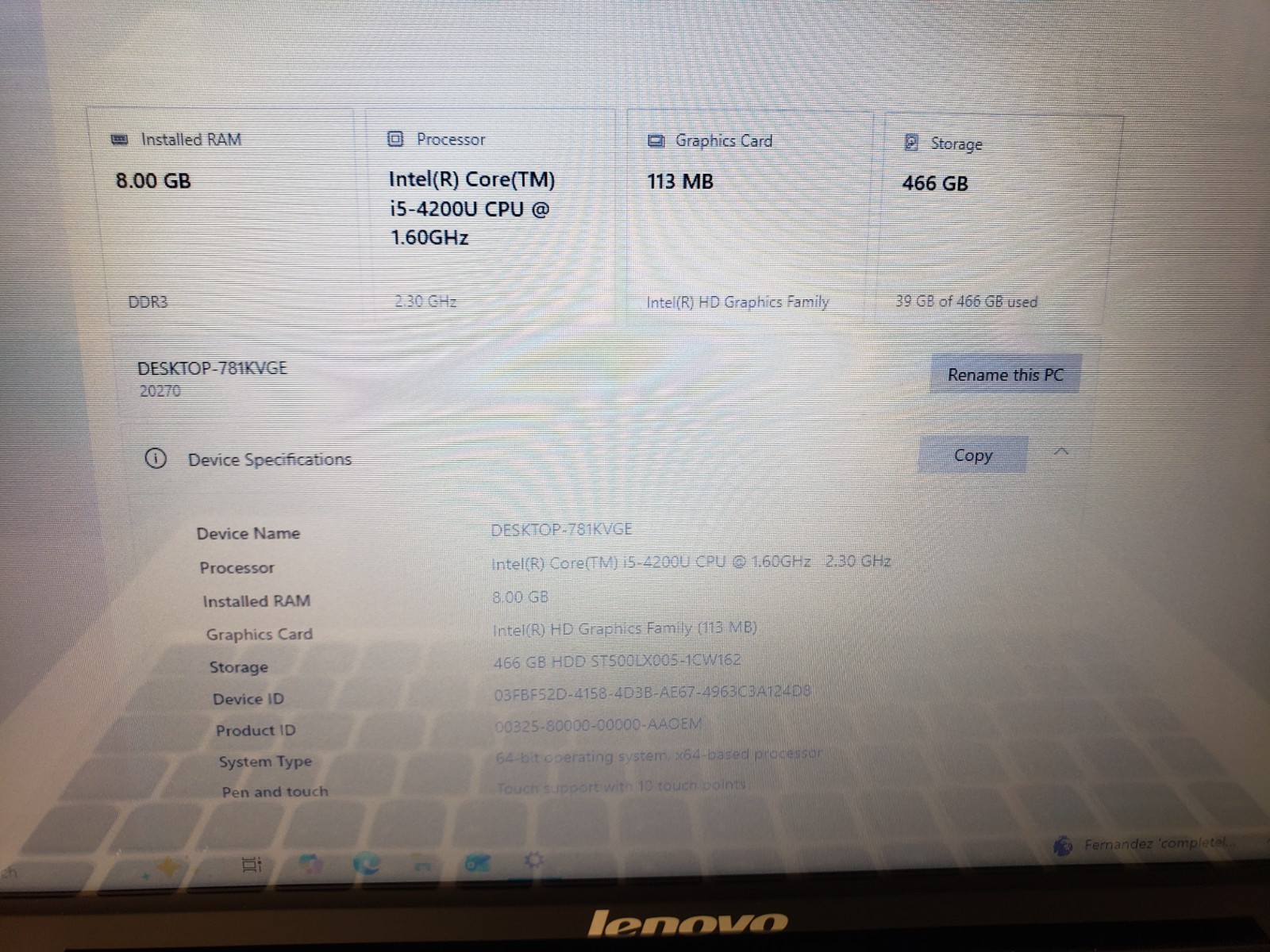 Lenovo IdeaPad U430 Laptop i5 4200U 4th Gen 8GB RAM 500GB HDD 14″ Touch Win10