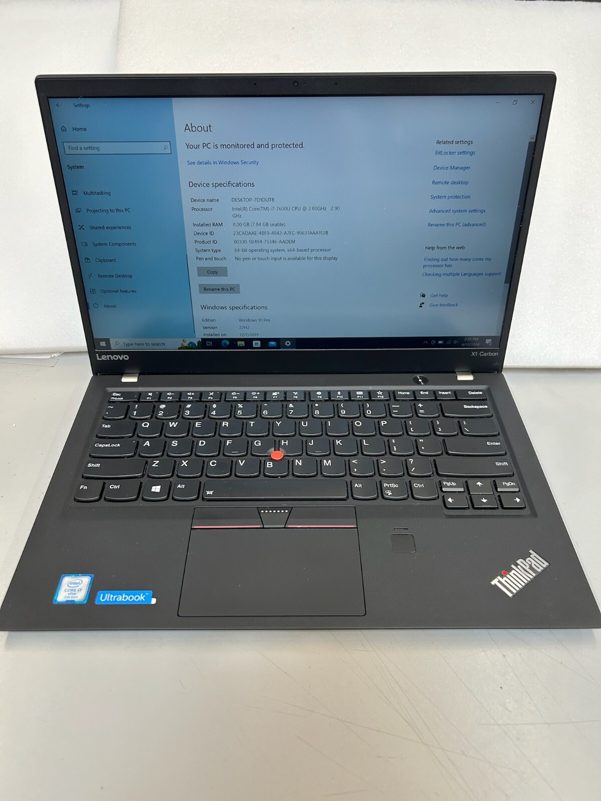 Lenovo TP X1 5th Gen 20HR 14″ i7-7600 8GB 240GB SSD Win 10 Pro