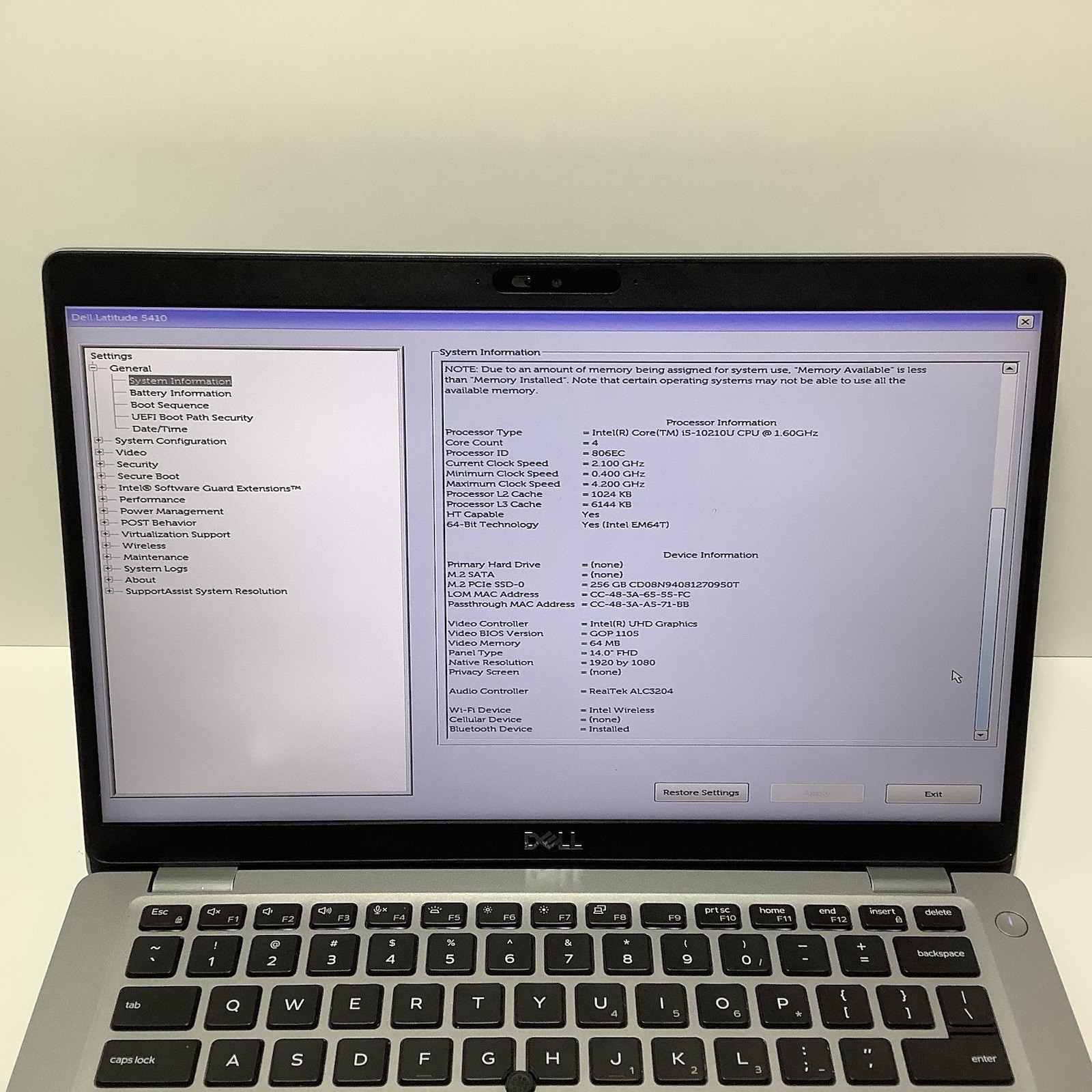 Dell Latitude 5410 10th Gen 14″, i5-10310u, 8GB DDR4, 256GB NVME, Win 11, Wi-Fi