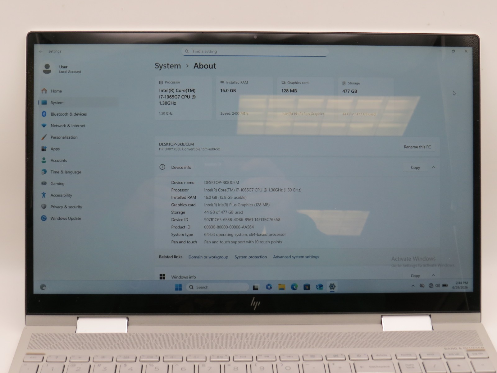 HP ENVY x360 i7-1065G7 @ 1.5GHz 16GB DDR4 512 m2 15.6″ touch Win 11 Pro