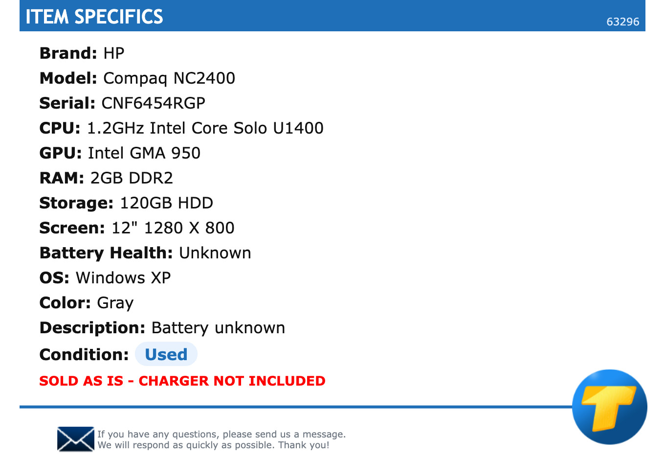 HP Compaq NC2400 – 12″ HD, 1.2GHz Solo U1400, 2GB RAM, 120GB HDD, Windows XP