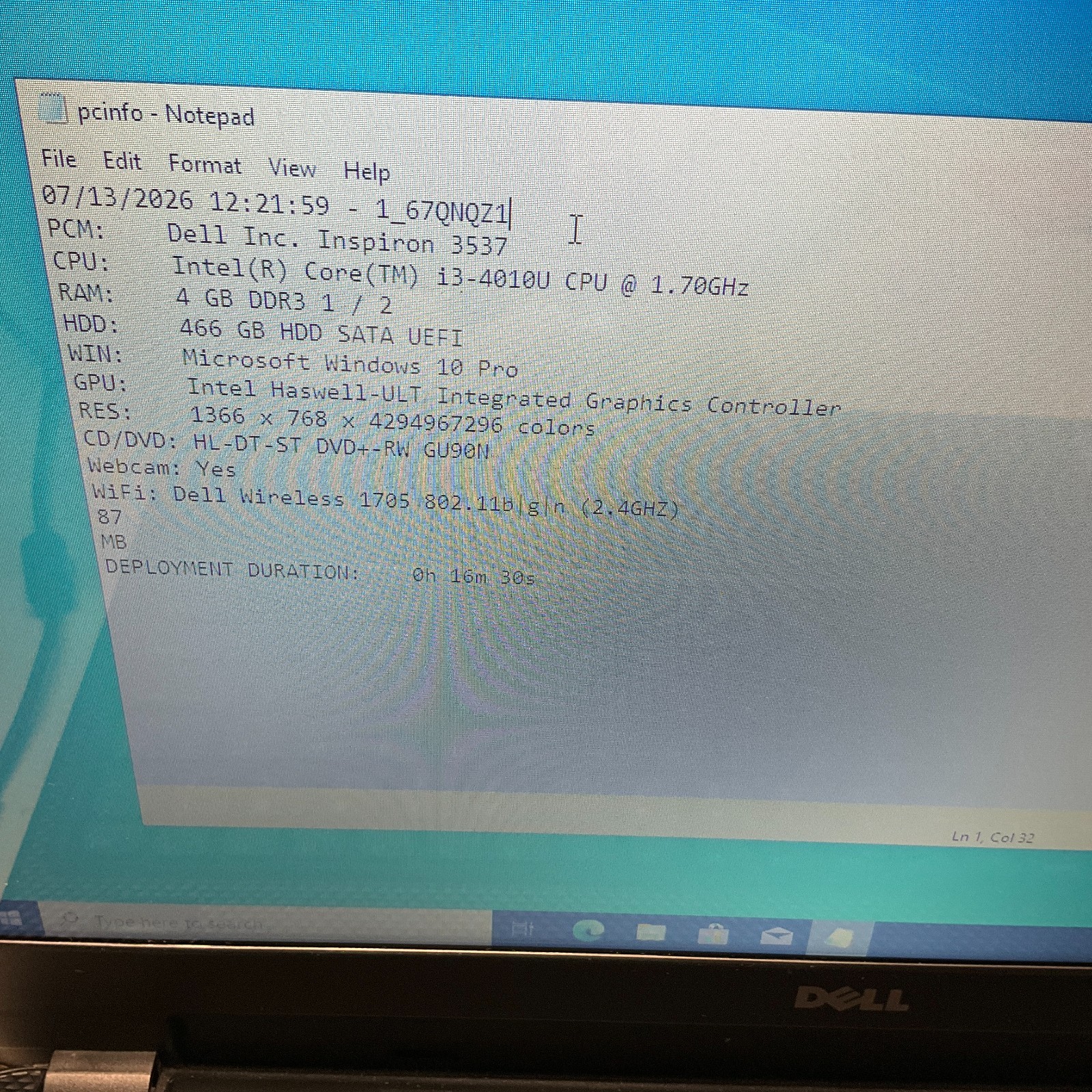 Dell Inspiron 15-3537 15.6″ Intel core I3-4010U 1.7GHz 4GB 500GB HDD Win 10 Pro