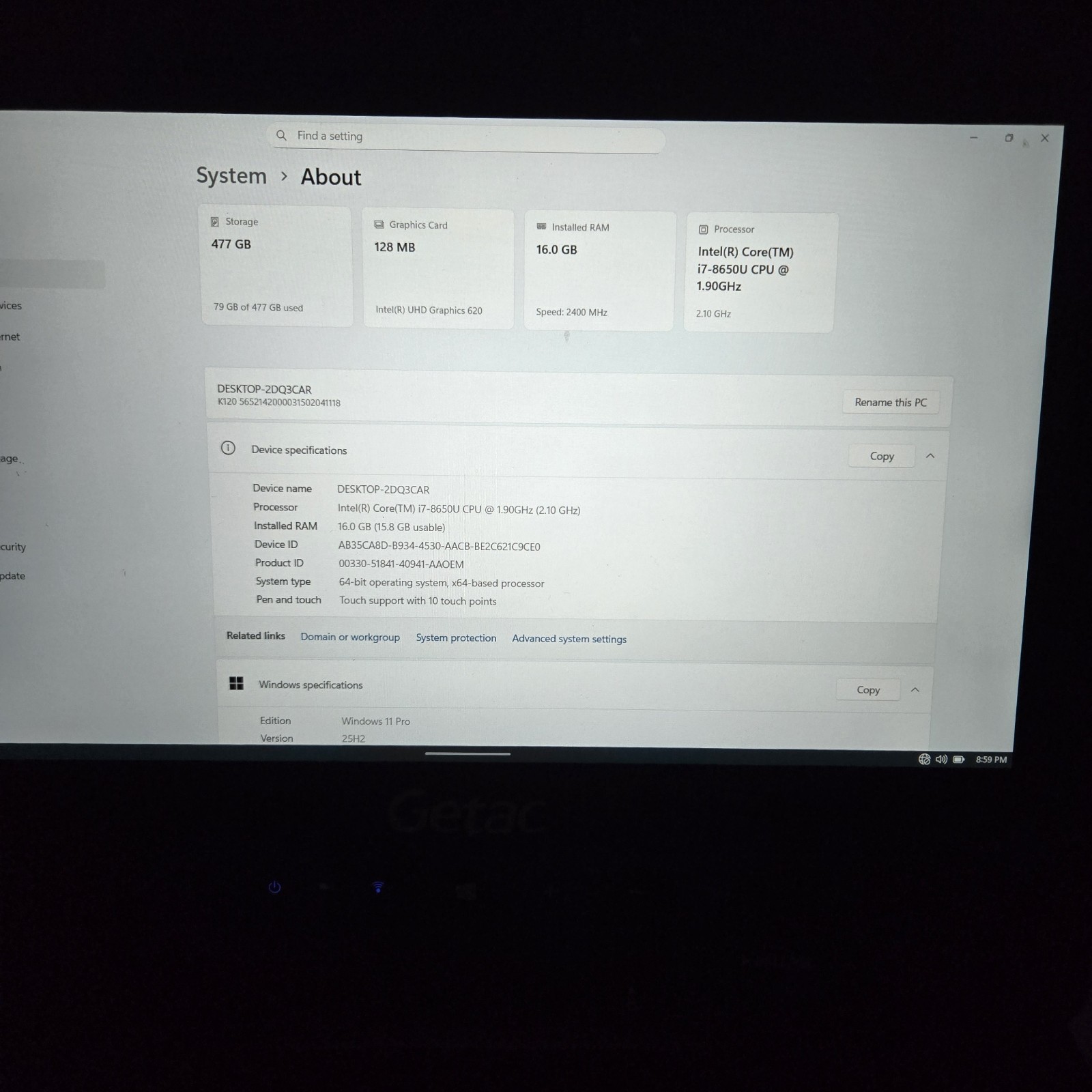 GETAC K120 Toughbook 12.5″ i7-8650U 1.80GHz 512GB SSD 16GB – 4G – GPS – Grade A-