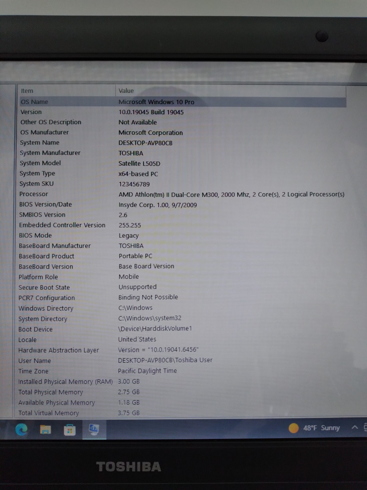 TOSHIBA Satellite L505D 15″ AMD Athlon M300 @ 2GHz 3GB RAM 320GB HDD Win 10 Pro