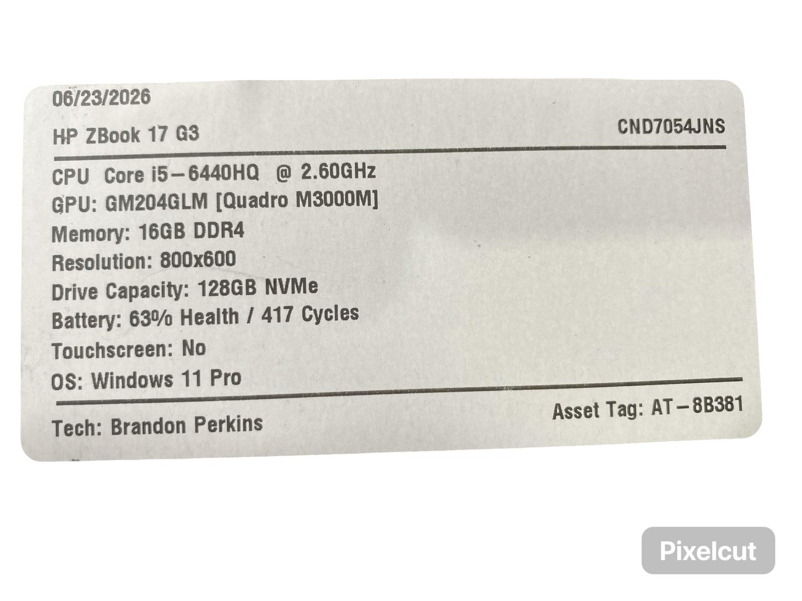 HP ZBook17 G3 Corei5 6440HQ 16GB Win11Pro 128GB Battery Inc Grade C