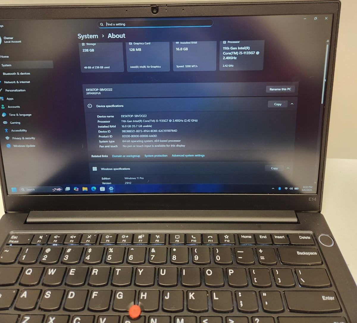 Lenovo ThinkPad E14 Gen2 i5-1135G7, 16GB RAM, 256GB SSD, Win11 PRO #0439