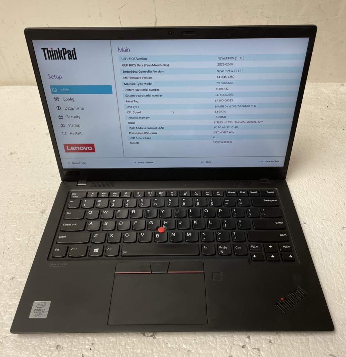 Lenovo X1 Carbon 8th Gen Core i7-10610U @1.80GHz 16GB RAM NO SSD For Parts