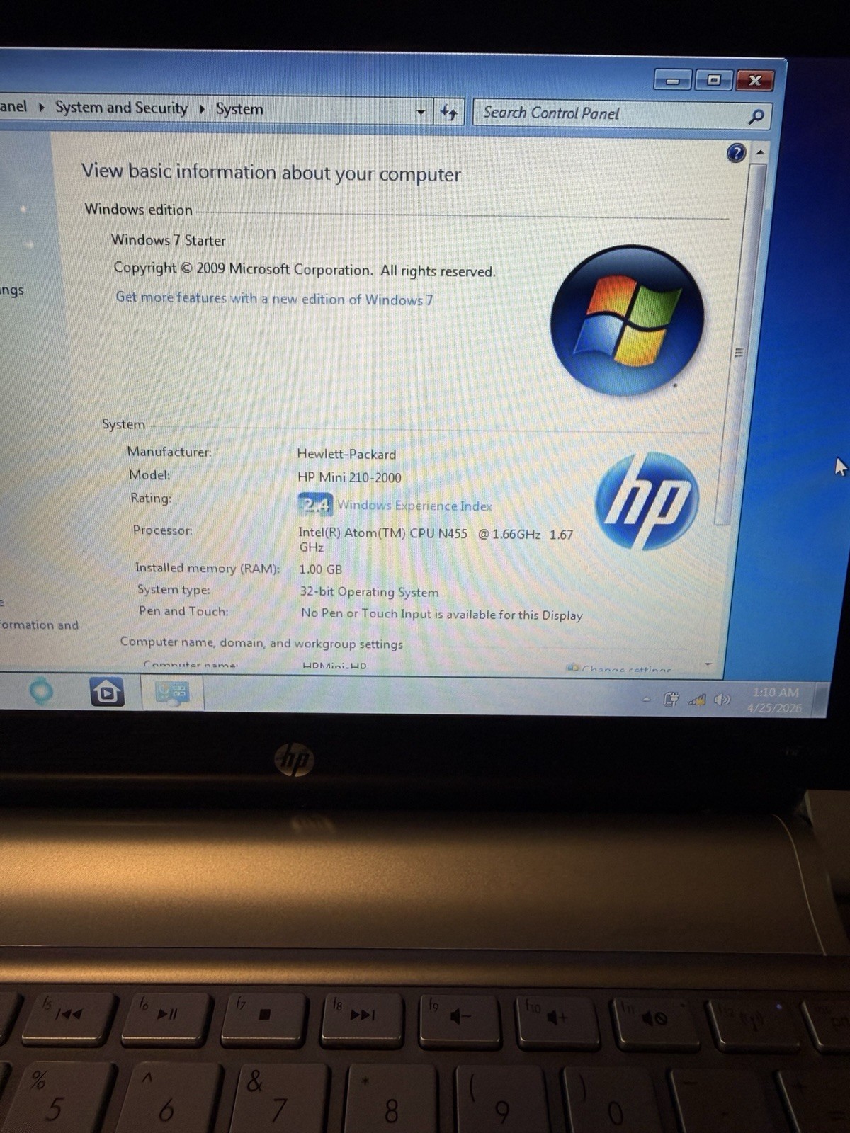 HP Mini 210-2000 / 1GB Ram / Intel Atom 1.66 GHz Blue