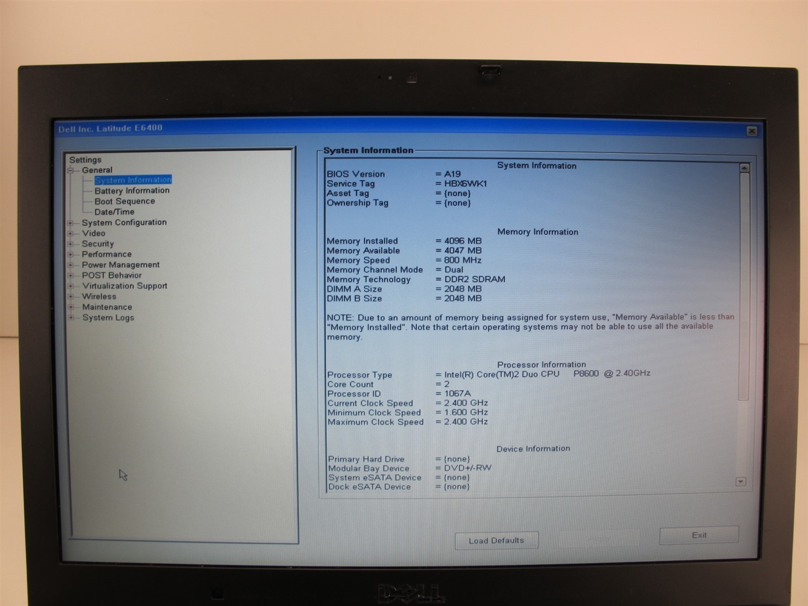 Dell Latitude E6400 Laptop Core 2 Duo P8600 2.4GHz 4GB RAM No HDD No OS