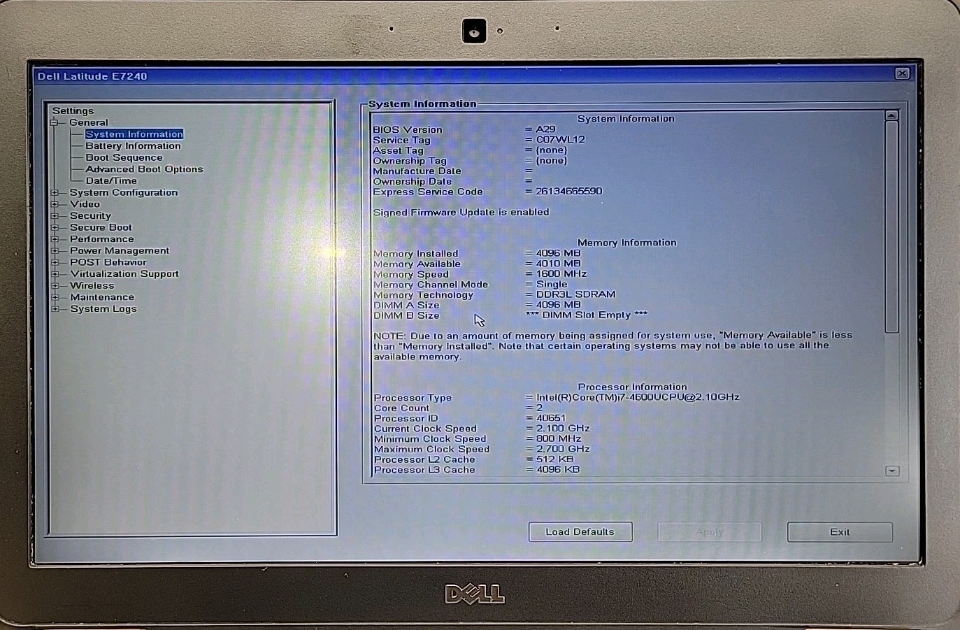 Dell Latitude E7240, Intel Core i7-4600U @ 2.1GHz, 4GB RAM, NO SSD, NO OS