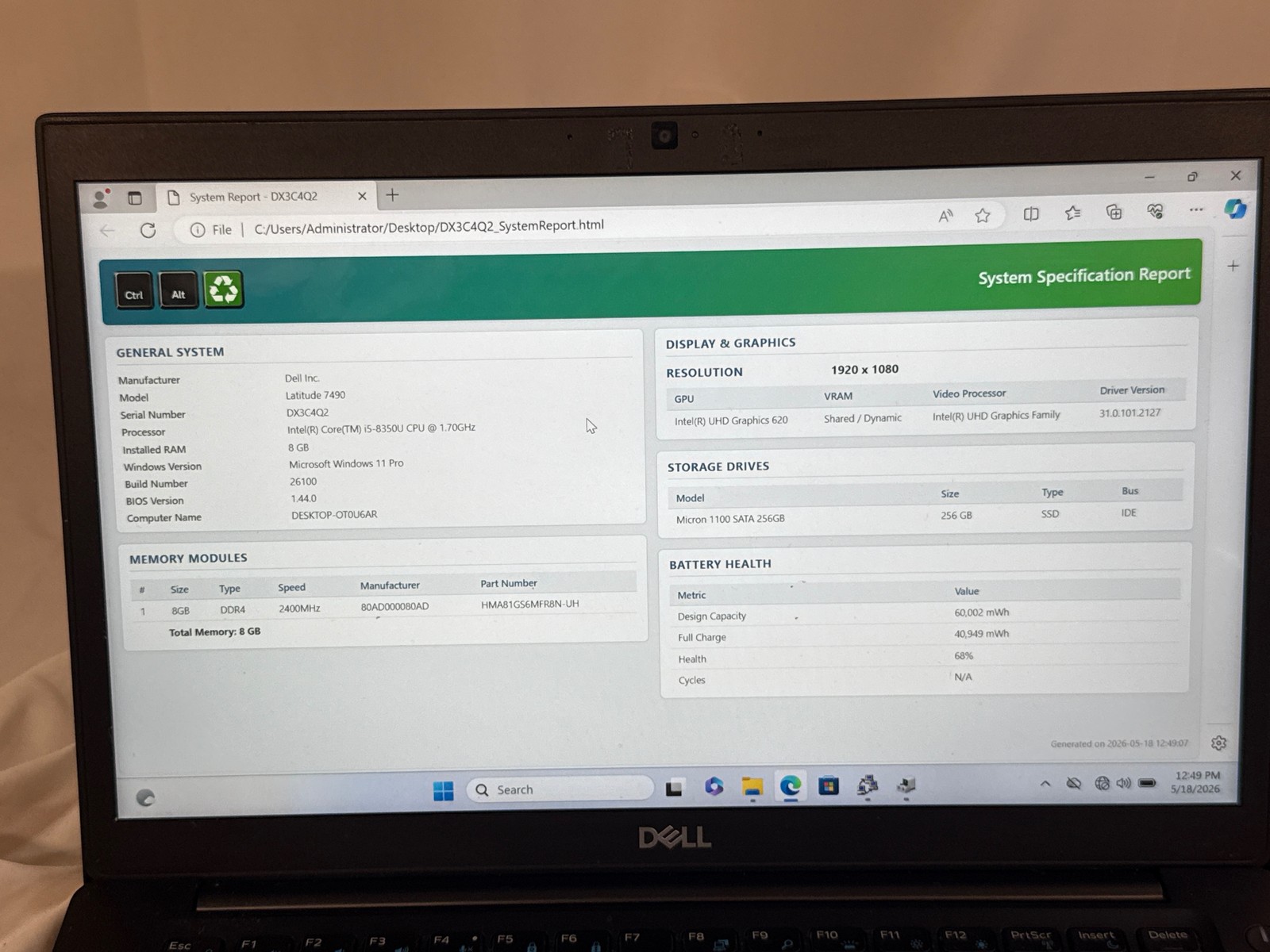 Dell Latitude 7490 Intel Core i5-8350U 8 GB 256GB SSD 14″