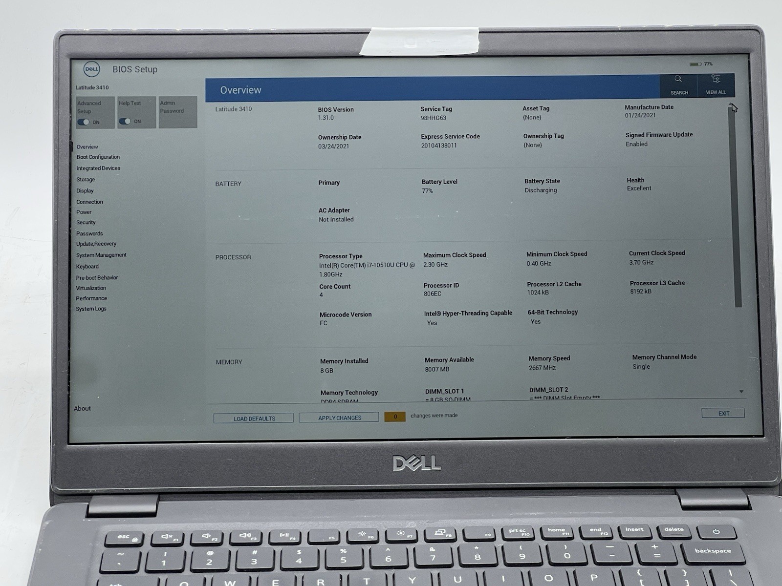 Dell Latitude 3410, i7-10510U CPU, @ 1.80GHz, 8GB RAM, 256GB NVMe-No OS/Charger