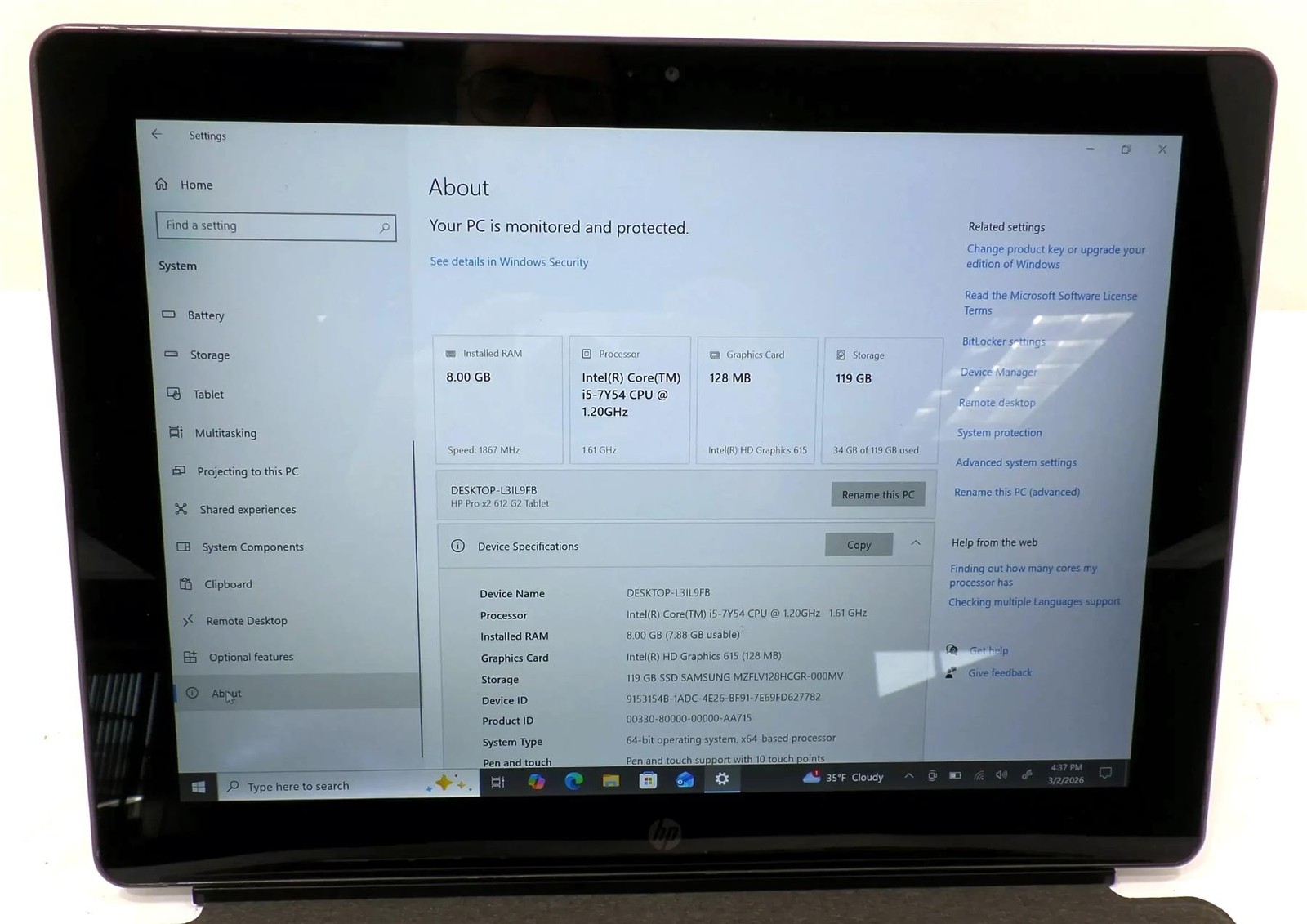 HP Pro X2 612 G2 Tablet Core i5-7Y54 1.20GHz 8GB 128GB SSD