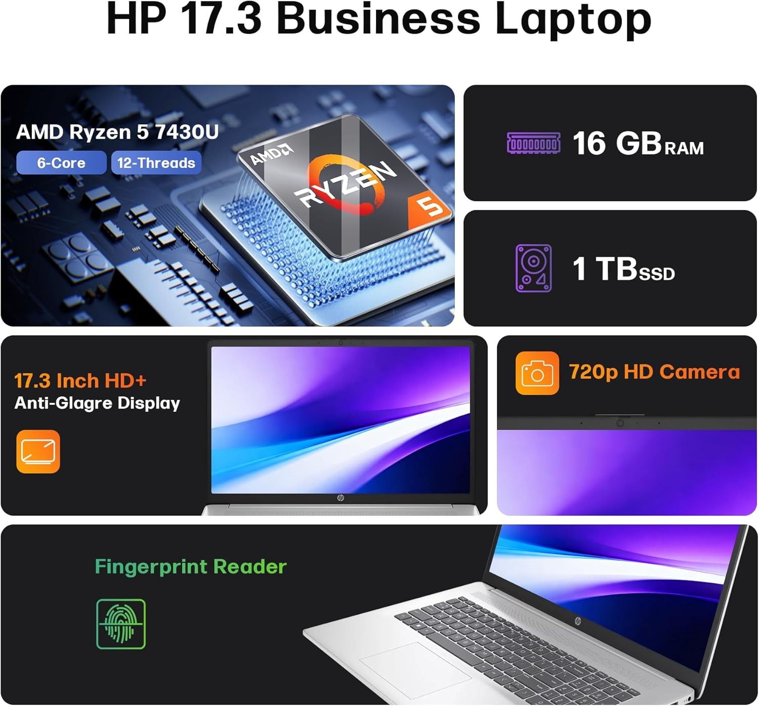 HP 17.3″ Touch Laptop HD AMD Ryzen 5 7430U UP TO 64GB RAM 2TB Windows 11 Pro