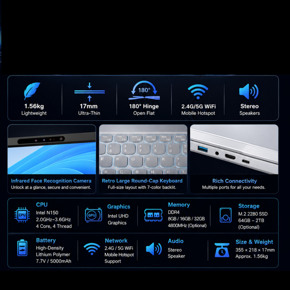 Double Touch 15.6”+7” Screen Laptop Computer 2.9GHz 16GB RAM 2TB Windows 11sz