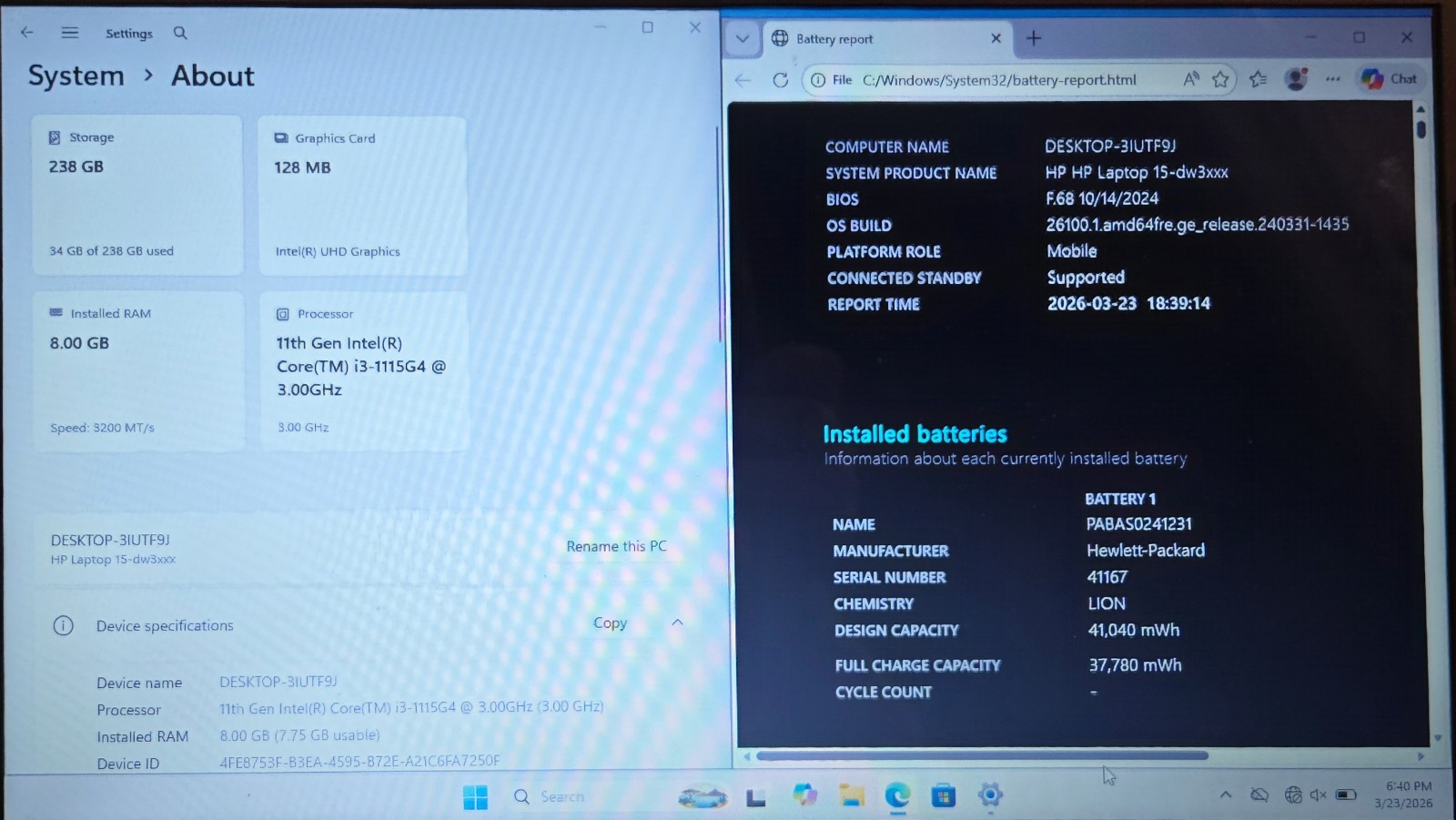 HP laptop 15.6″ screen 11th Gen Intel i3 8gb ram 256gb SSD w/charger Windows 11