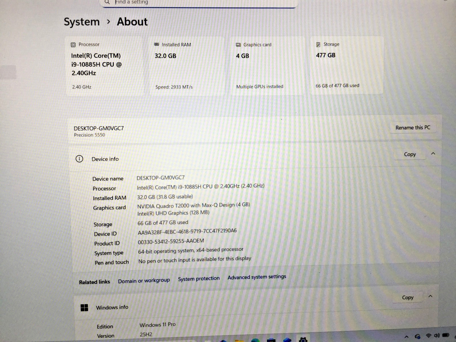 Dell Precision 5550 15.6” CORE I9-10885h CPU 2.40GHz -32GB RAM 512GB