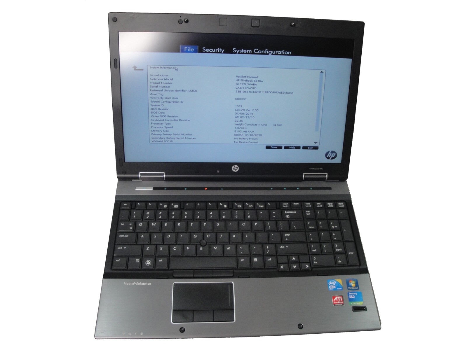 HP EliteBook 8540W Core i7 Quad 1.87 16GB New 512Gb SSD ATI Radeon DVD Win10