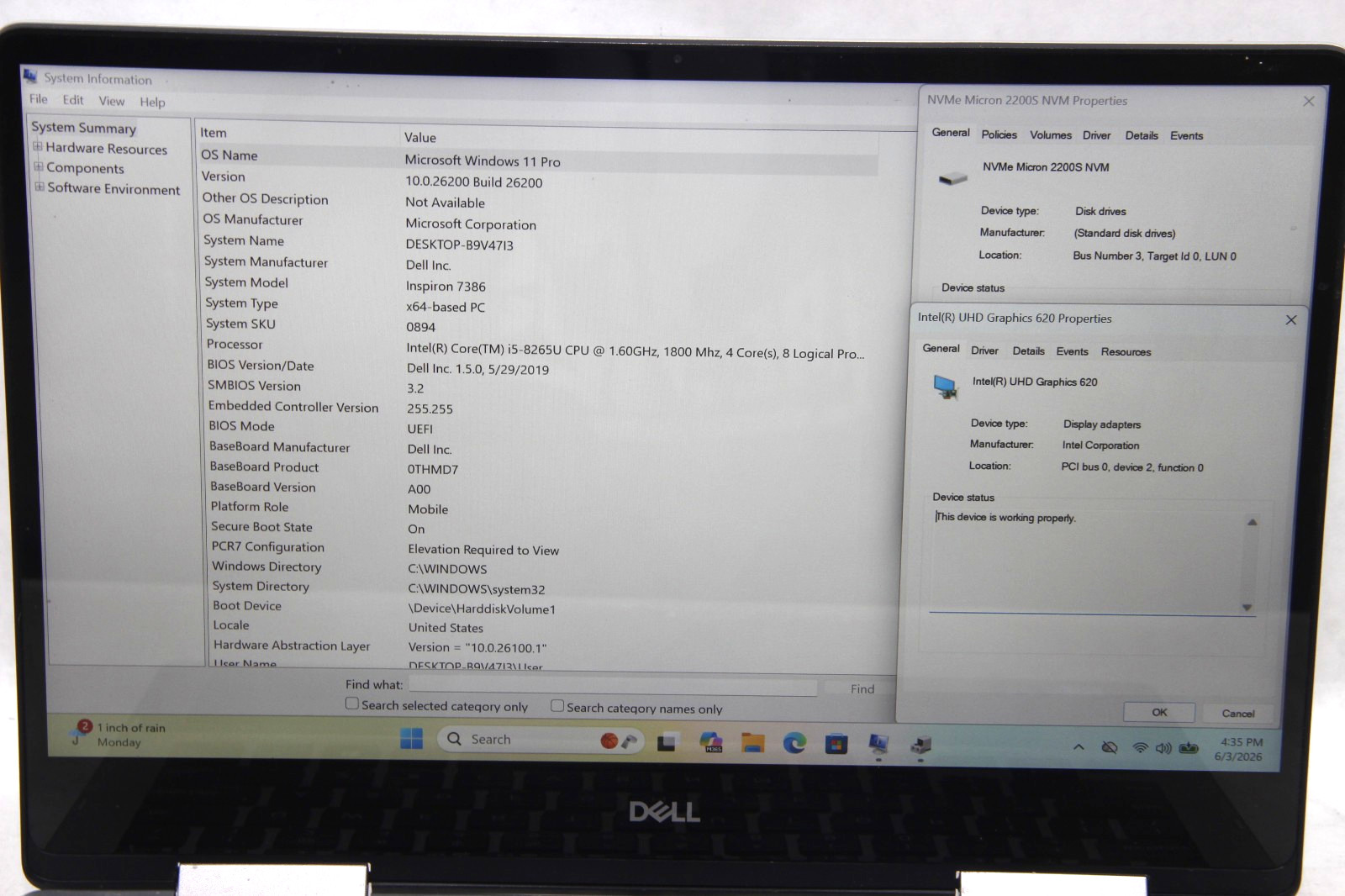 Dell Insprion 7386 13.3″ Laptop i5-8265U 8 GB RAM 256 GB SSD Win 11 w/Charger