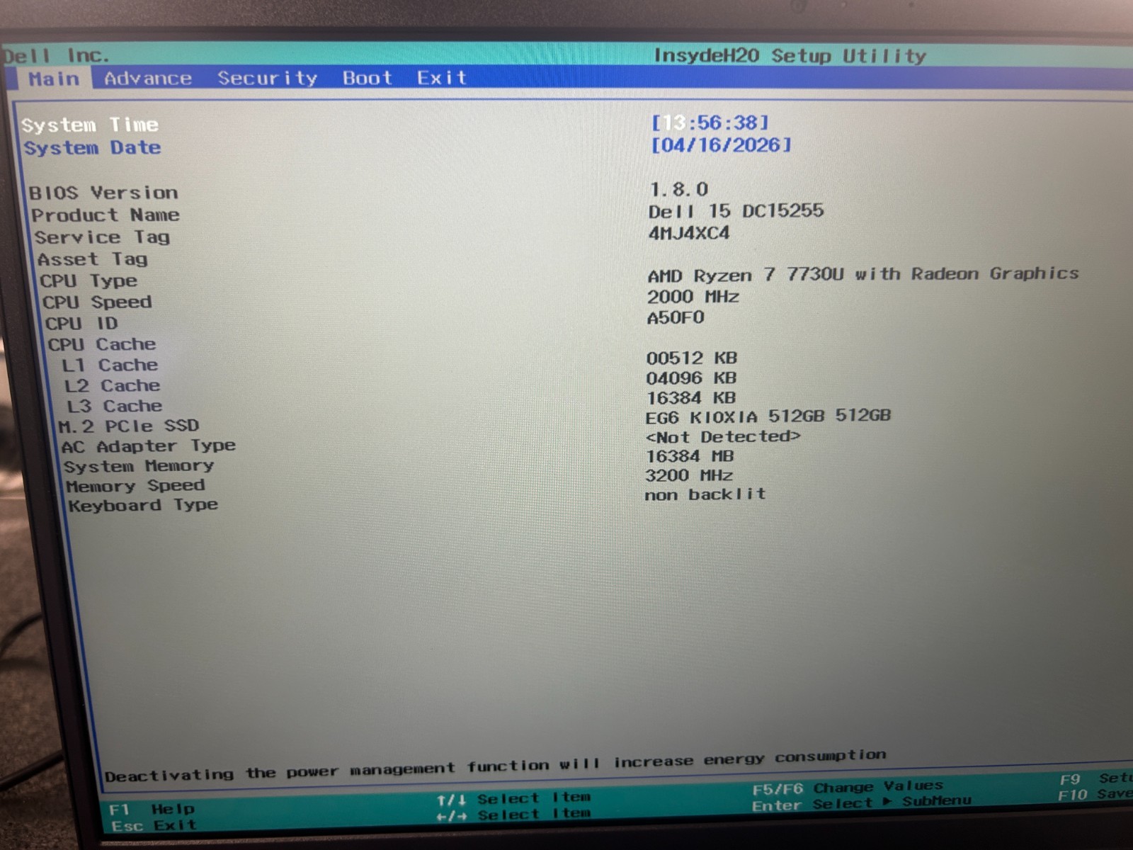DELL 15 DC15255 G8MK9, AMD Ryzen 7 7730U, 2.00 GHz, 16 GB RAM, 512 GB NVMe SSD