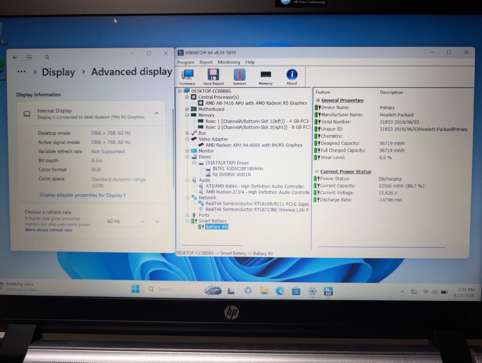 15″ HP PROBOOK 455 G3 | AMD A8-7410 12GB RAM 180GB SSD | HD Windows 11 Pro | DVD