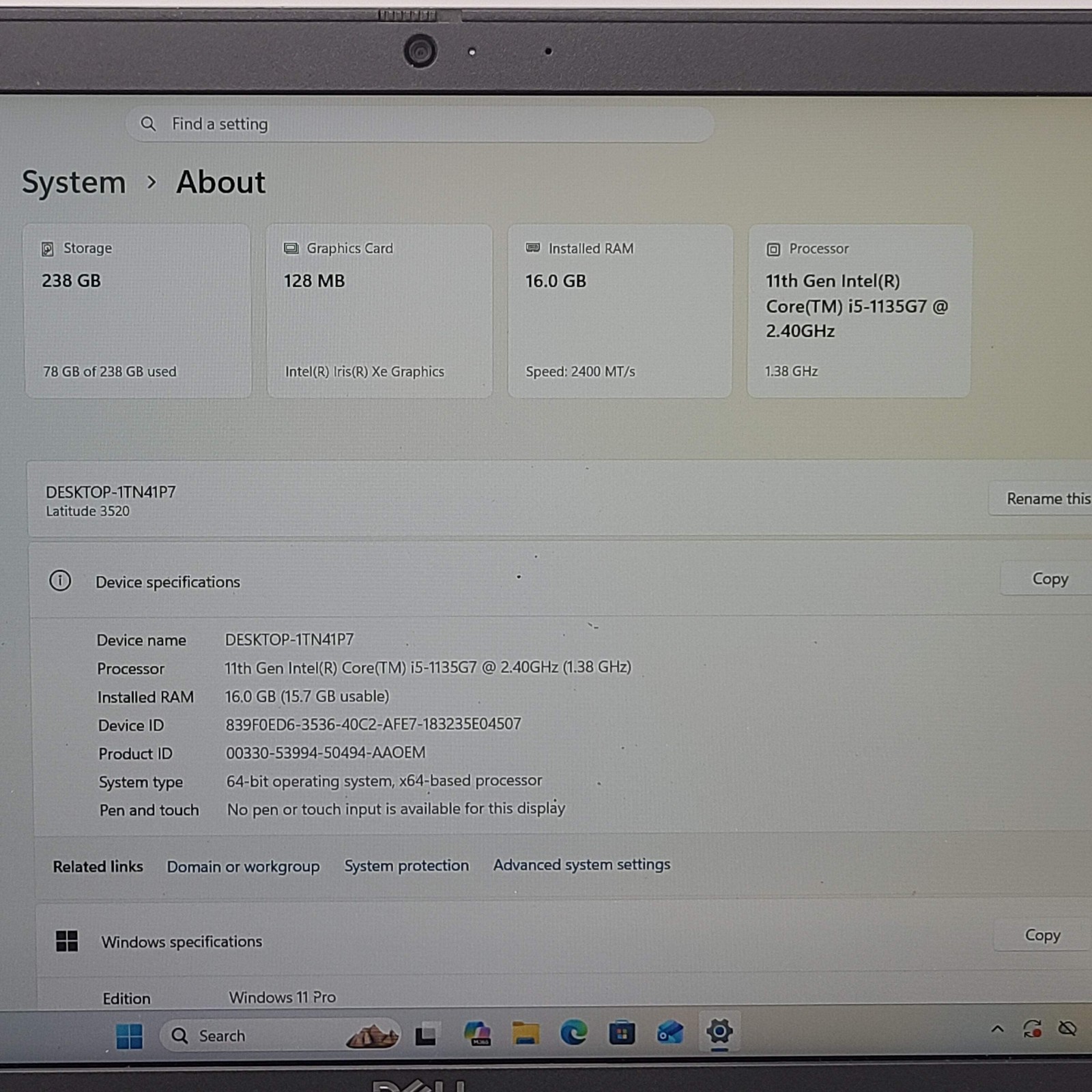 Dell Latitude 3520 15.6″ i5-1135G7 2.4GHz 16GB RAM 256GB SSD