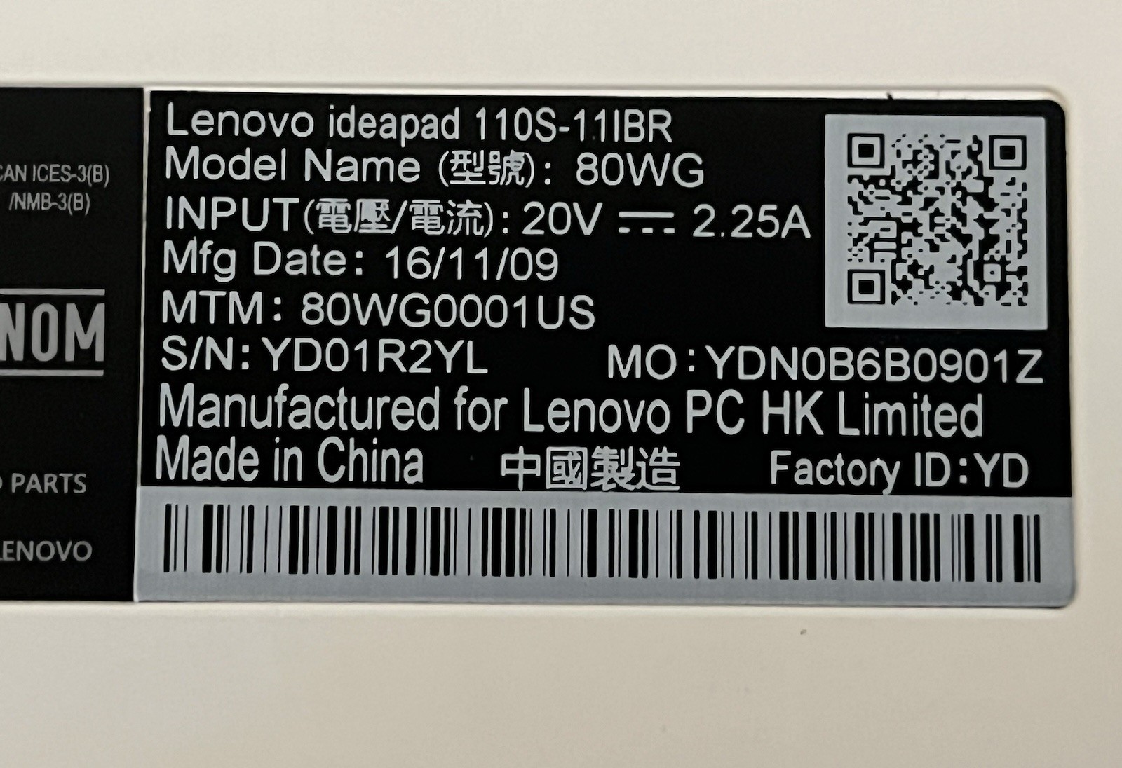 Nice Working Condition Lenovo IdeaPad 110s – 11IBR 11.6″ White w/ Power Cord,