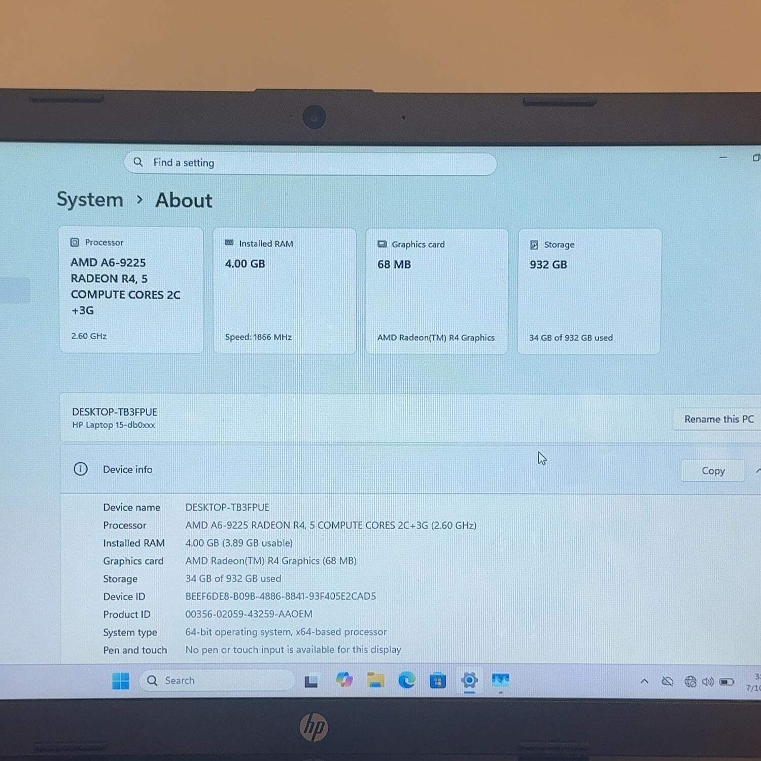 HP NoteBook 15-DB0011DX 15.6″ A6-9225 2.60GHz 4GB RAM 1TB HDD