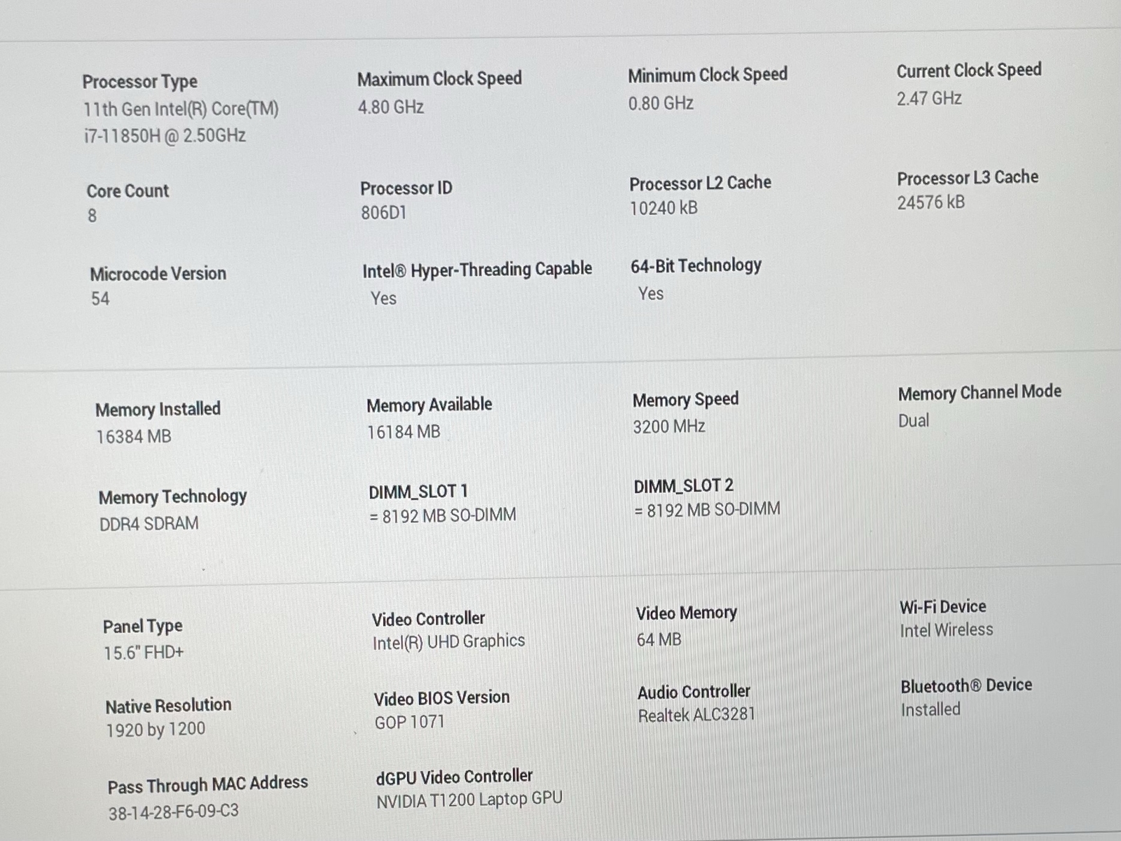 DELL PRECISION 5560 15″ i7 2.50GHz 16GB RAM 256GB SSD–GRADE D