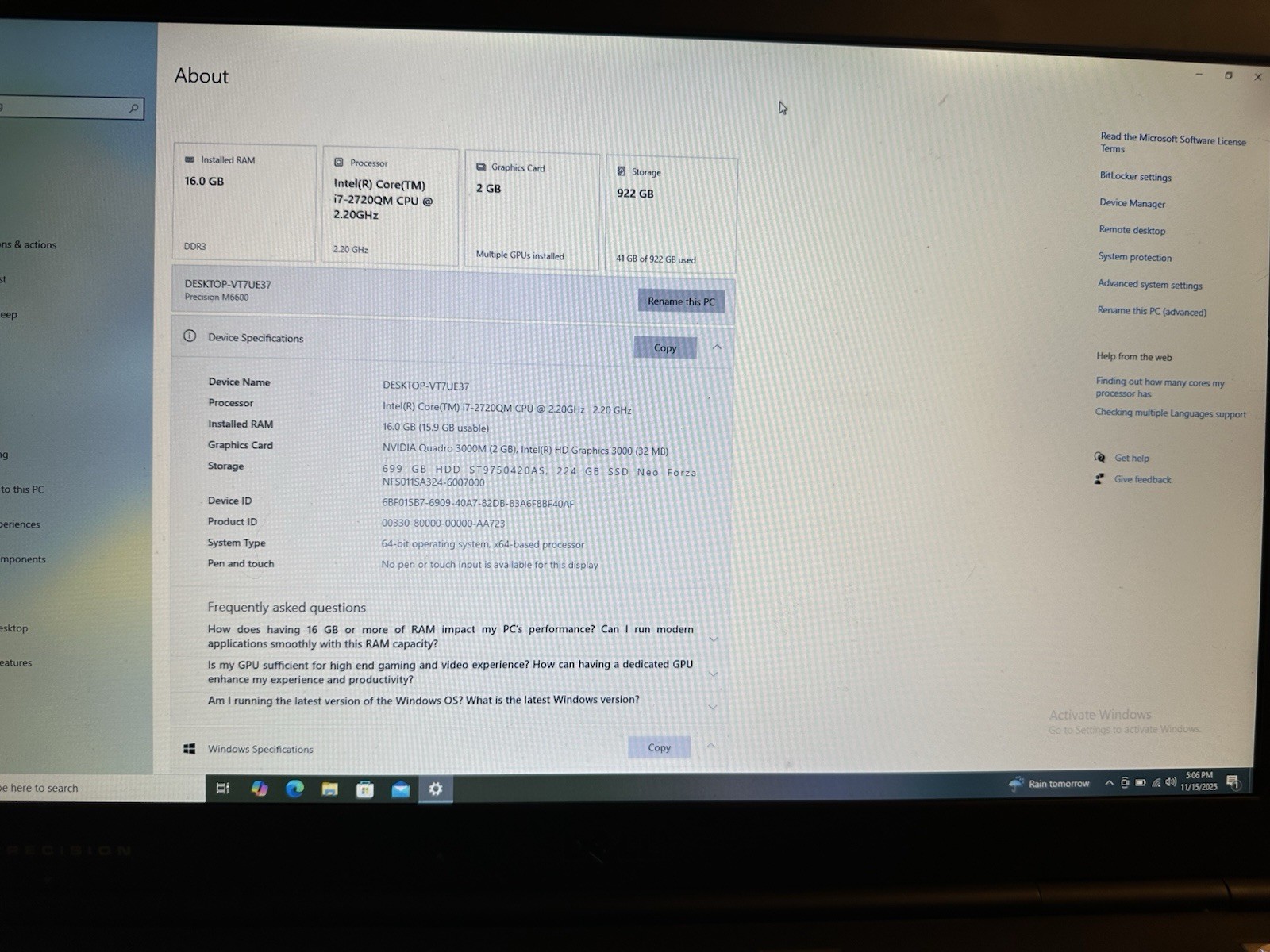 DELL PRECISION M6600 Intel Core i7-2720QM CPU @ 2.20GHz 2.20 GHz W/CHARGER