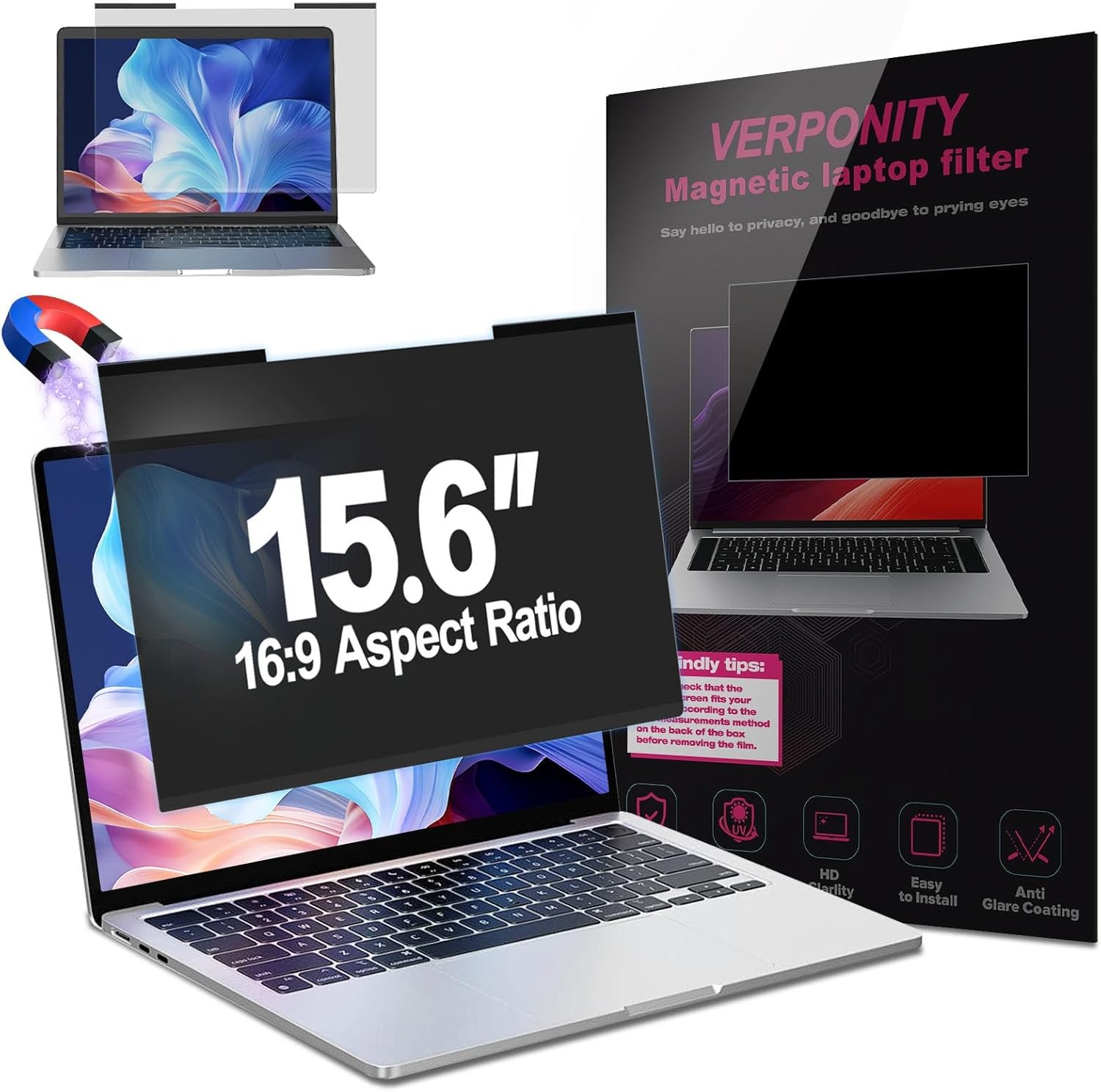 15.6 Inch Magnetic Laptop Privacy Screen, Removable Anti-Glare Shield for 16:9 D
