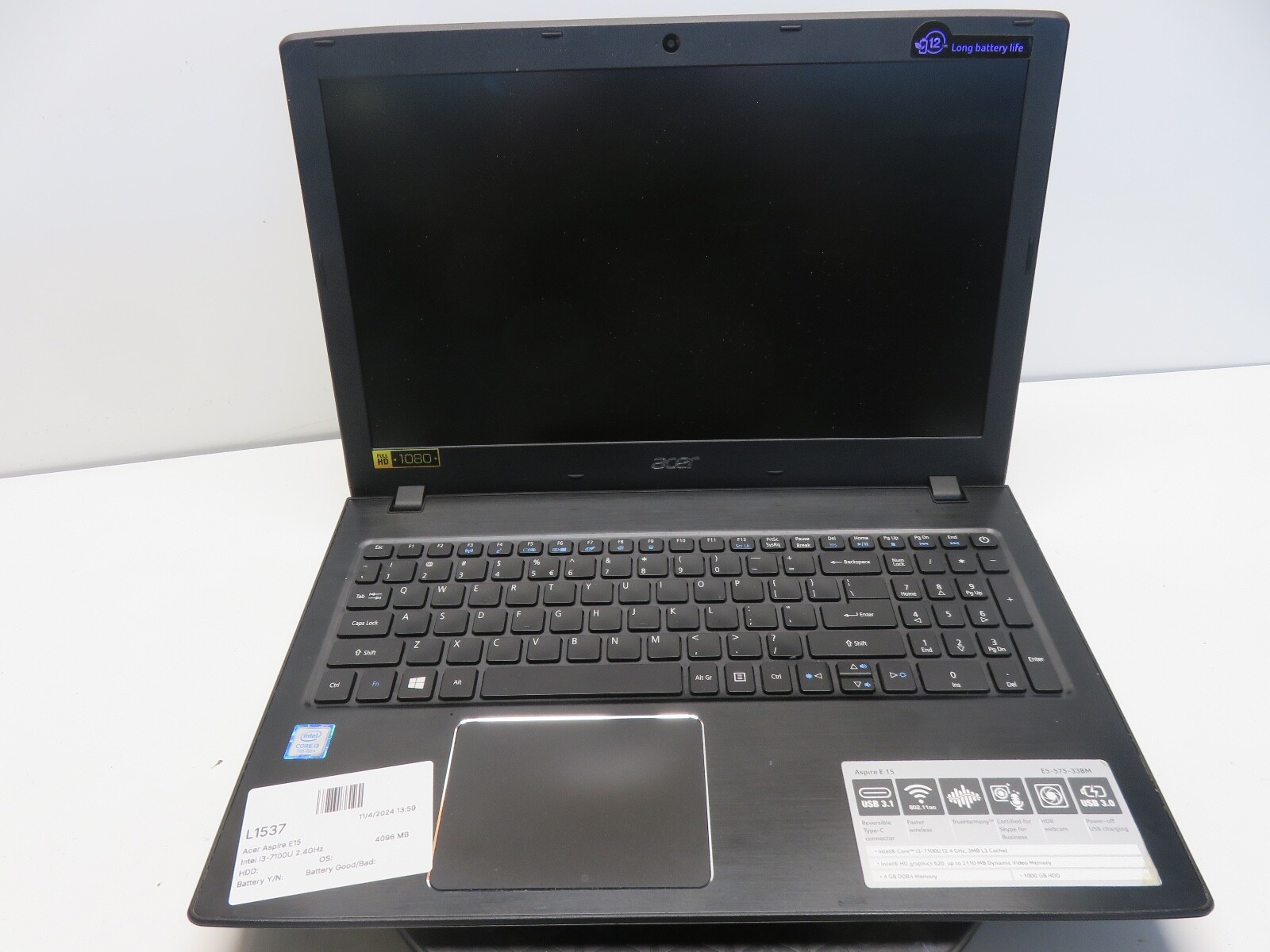 Acer Aspire E15 Intel i3-7100U 2.4GHz 4096 MB NO HDD No Batt
