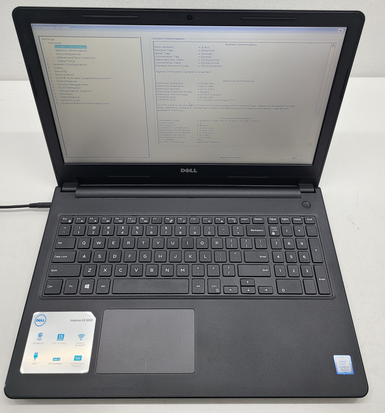 Dell Inspiron 15 3567 15.6″ Laptop Intel i3-7130U 8GB RAM NO HD/OS (FL)