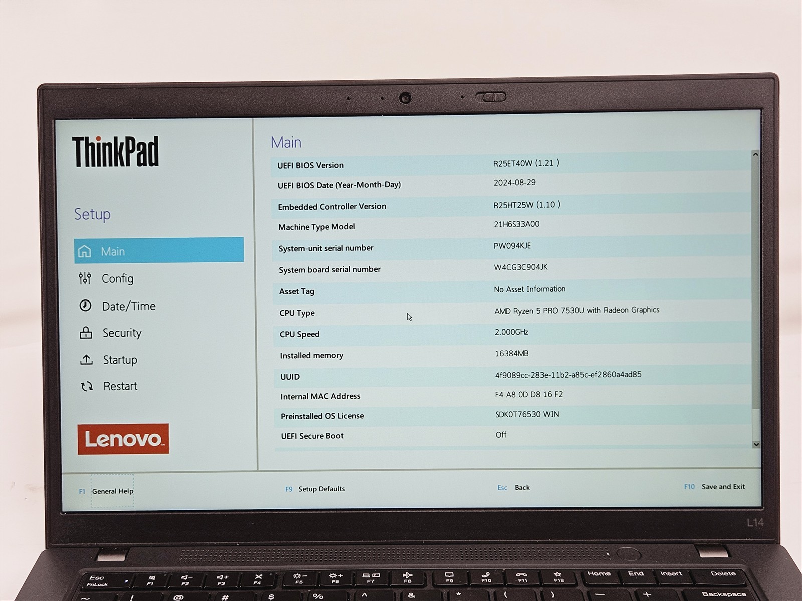 Lenovo ThinkPad L14 Gen 4 14″ AMD Ryzen 5 Pro 7530U 16GB RAM 256GB SSD Win11Home