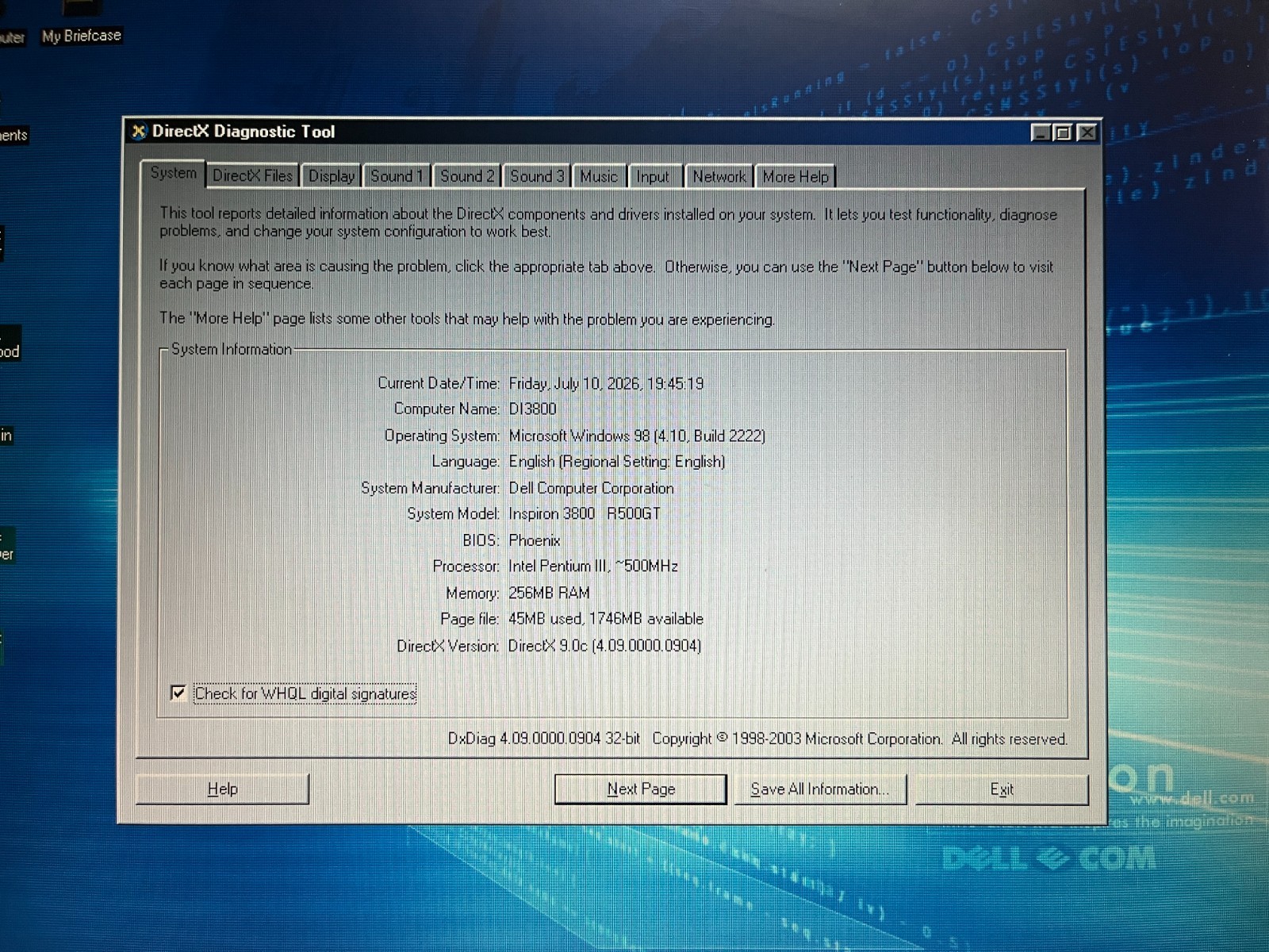 Dell Inspiron 3800 Pentium III 500Mhz 256MB Ram, 6GB HDD ATi Mobility Windows 98