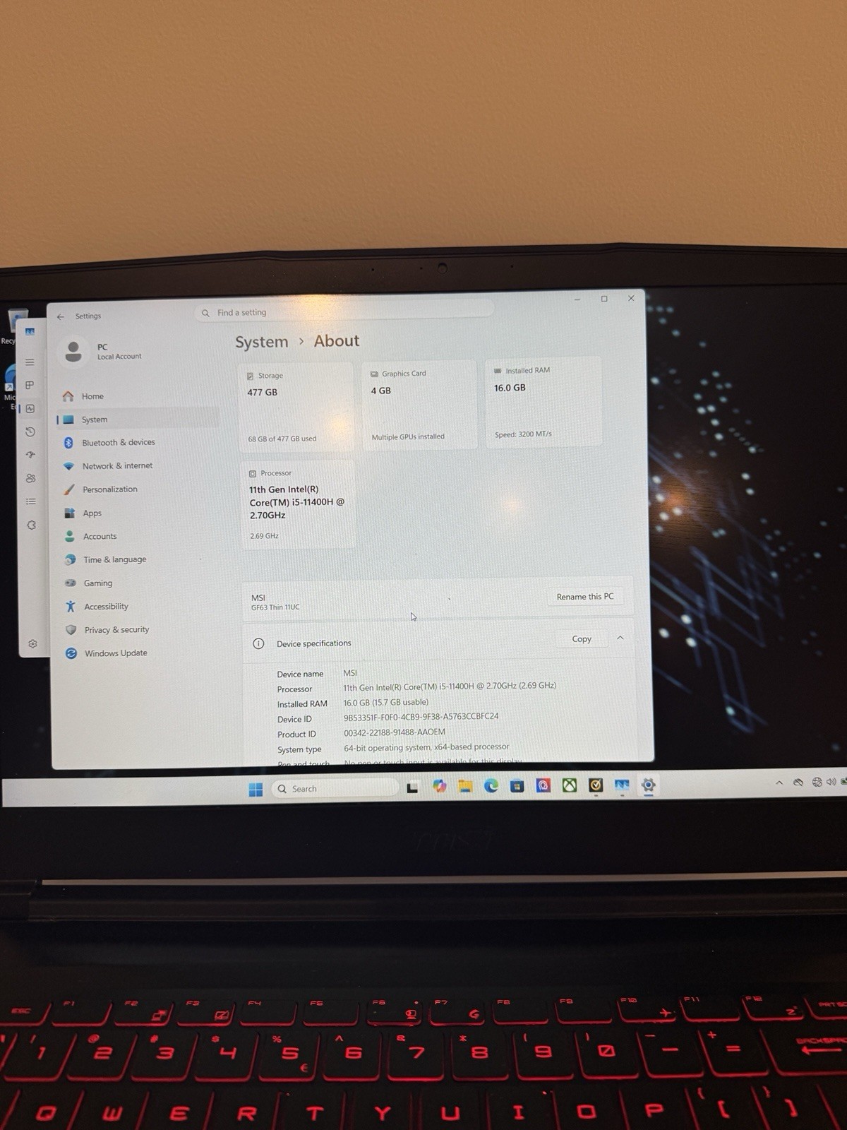MSI GF66 Gaming Laptop i5-11400H 16GB SSD RTX 3050 W11