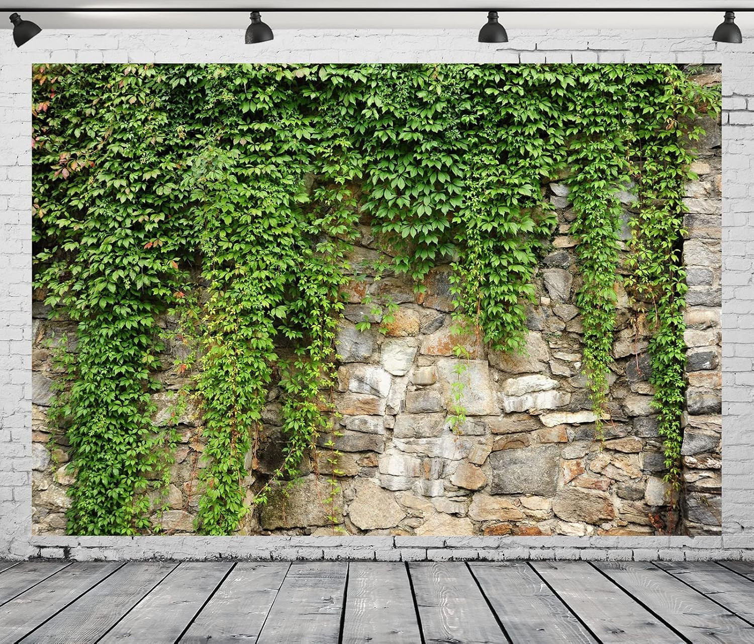 15X10Ft Fabric Green Leaves Wall Backdrop Old Stone Wall with Green Leaves Vine