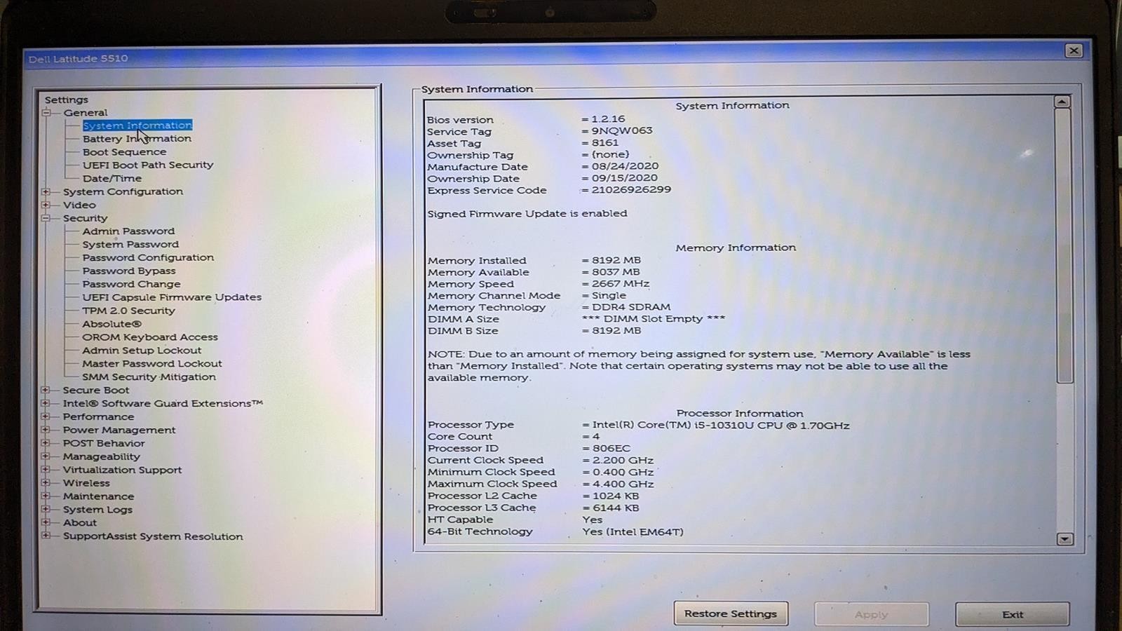 DELL LATITUDE 5510 i5-10310U @ 1.70GHz, 8GB RAM, NO HDD/OS