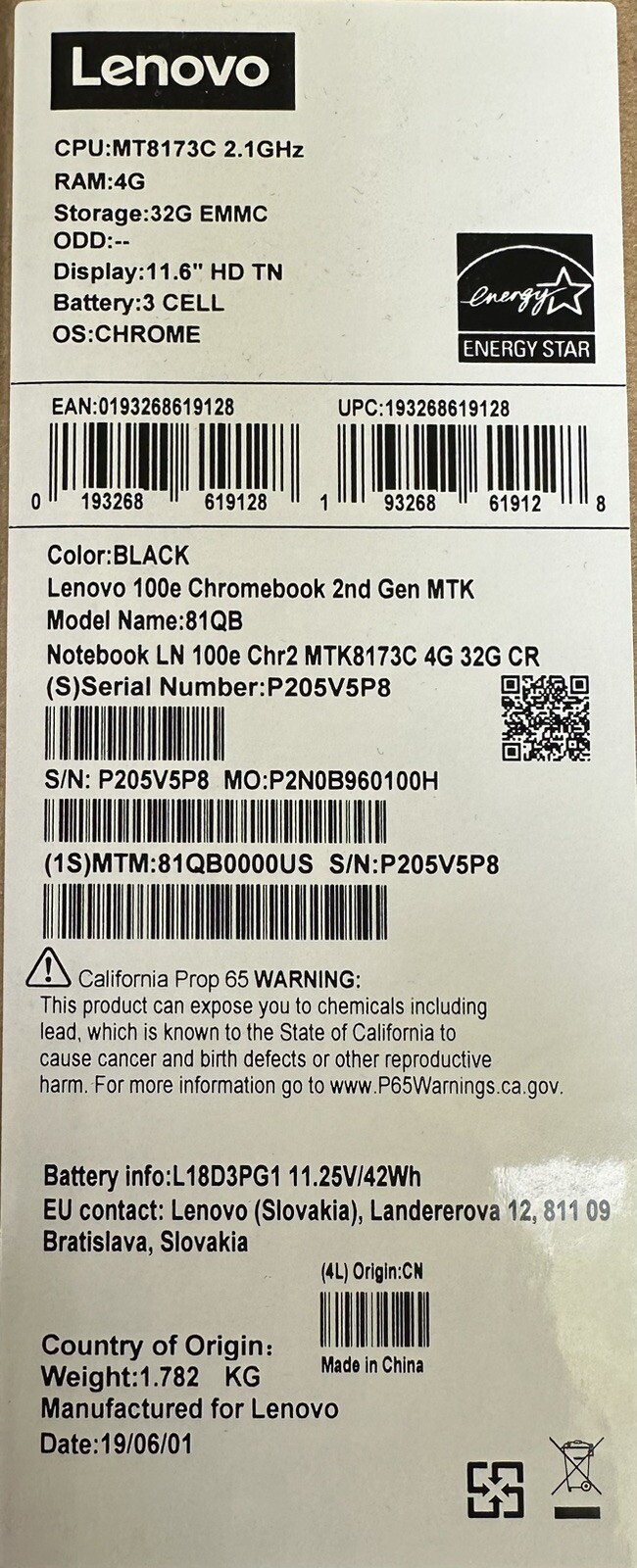 NIB Lenovo 100e Chromebook 2nd Gen MTK 11.6″ (32GB eMMC, MediaTek MT8173C,…