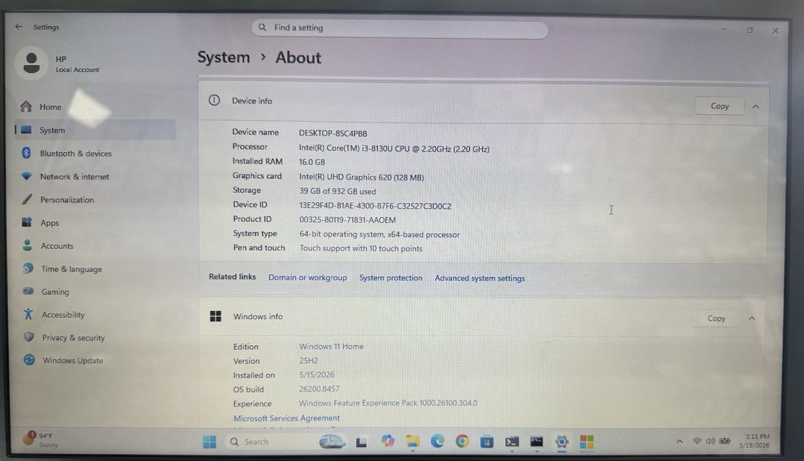 HP 15-BS113DX 15.6″ i3-8130U 16GB RAM 1TB HDD Touchscreen WIN11 office For Life