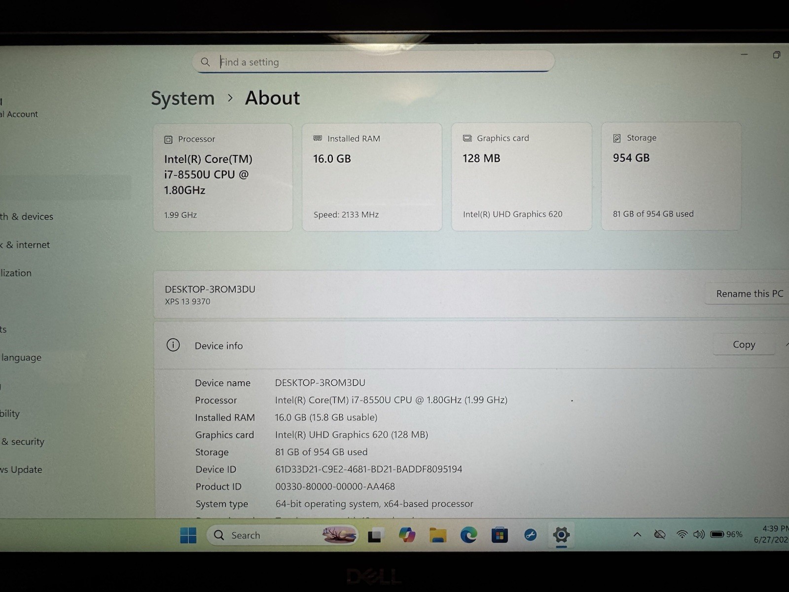 Dell XPS 13 9370 13″ i7-8550U 16GB DDR4 RAM 1TB SSD Win11 UHD 620 Silver