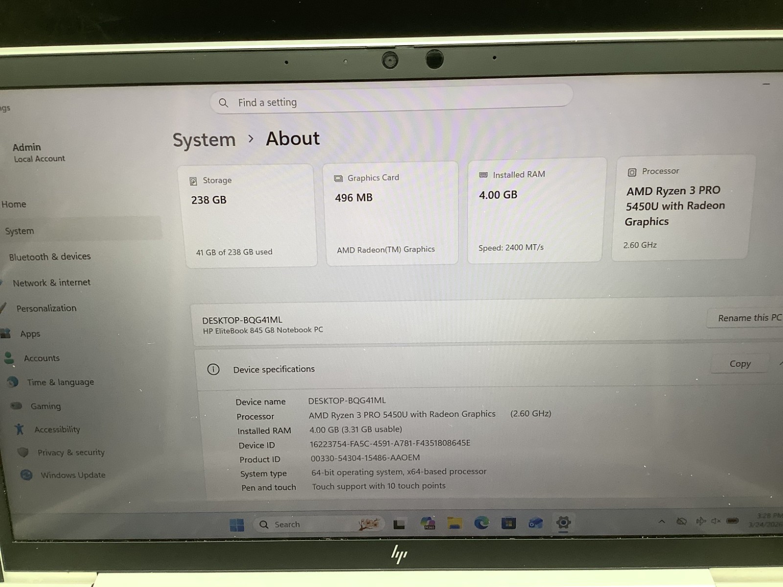 HP Elitebook 845 G8 Laptop 14 Ryzen 3 Pro 5450U 4GB RAM 256GB SSD Win 11 Read